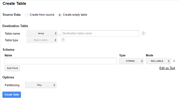 BigQuery Wildcard - BigQuery Create Table Page